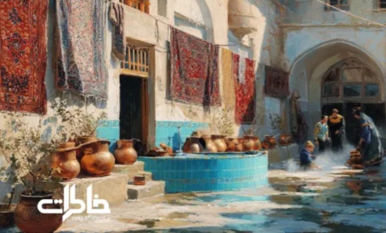 حیاط ایرانی با حوض فیروزهای، فرشهای آویزان و زنان در حال شستوشو در آفتاب زمستانی؛ صحنهای از آیینهای محلی که تقویم پنهان مردم و ریتم فصلی زندگی ایرانی را بهزیبایی روایت میکند.