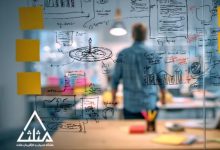 تصویر یک برد شیشه ای که در بکگراند آن یک مدیر در حال تفکر و تصمیم گیری میباشد