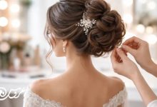 تصویر از پشتِ سرِ عروس در حال شینیون؛ آرایشگر در حال فیکس‌کردن مدل مو با سنجاق، شینیون جمع و حجیم با اکسسوری مرواریدی، لباس یقه باز و نور نرم آتلیه در پس‌زمینه.